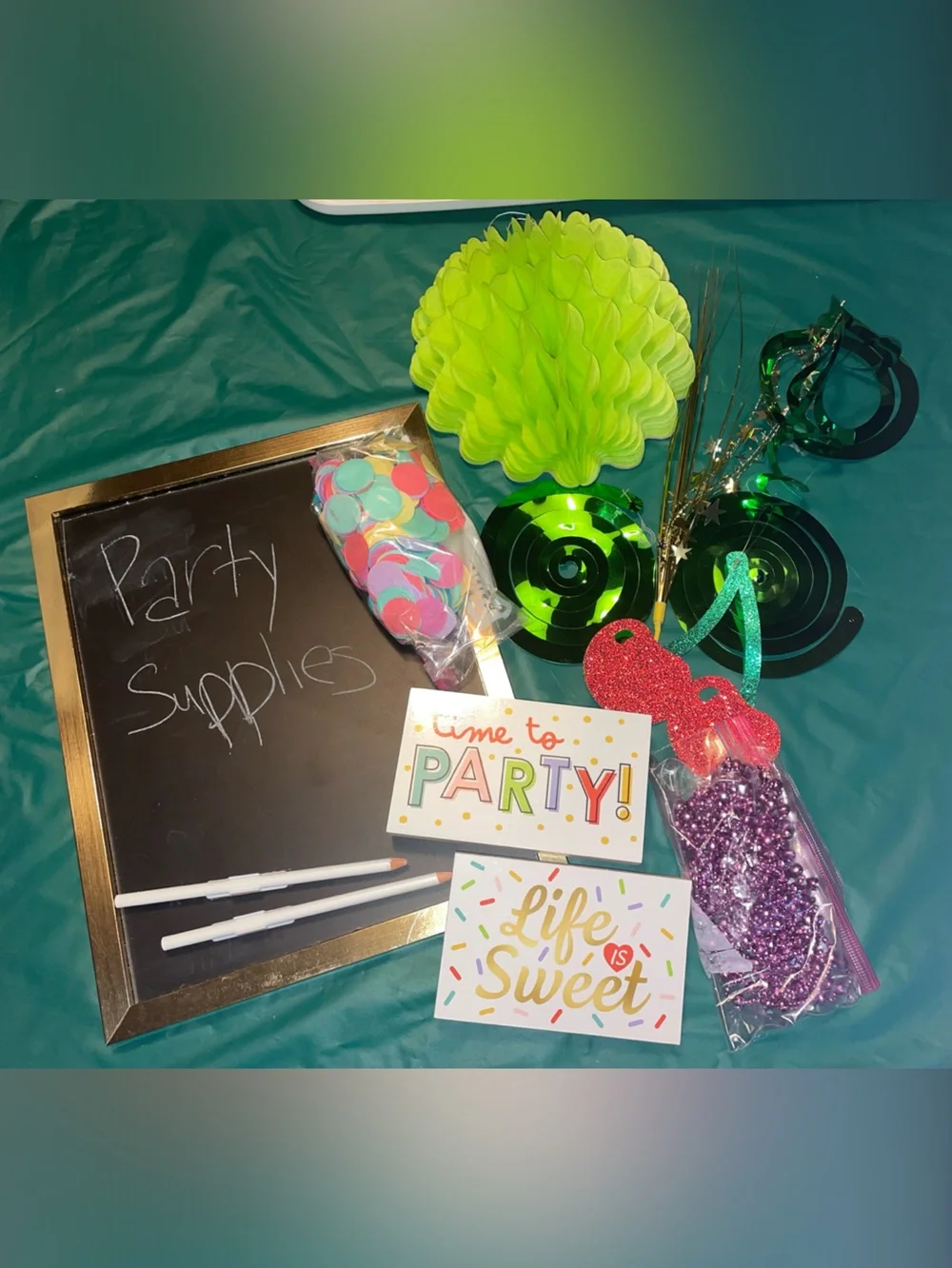 Party Supplies Decor Kit - Lime Green Tissue Pom, Confetti, and Chalkboard